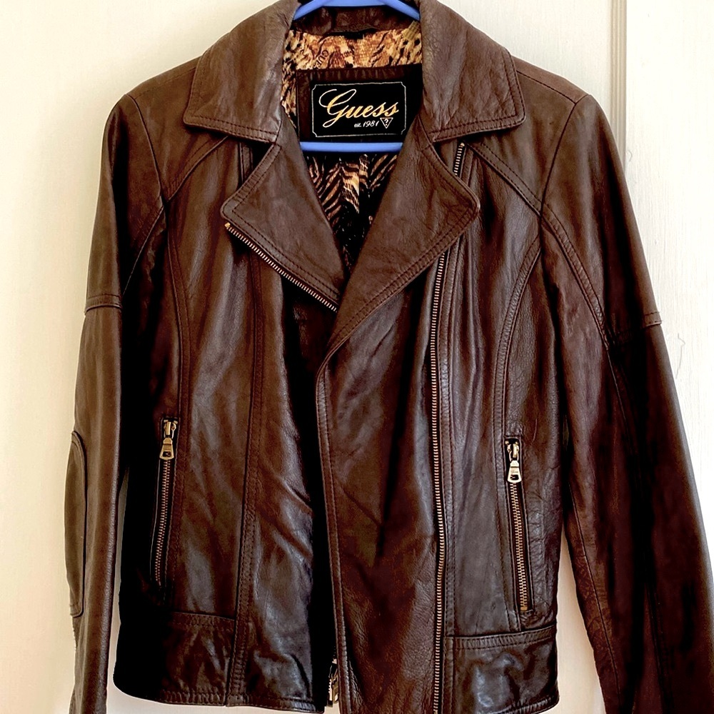 GUESS | Real Leather Moto Jacket Asymmetrical zipper biker brown bomber small